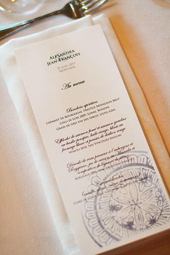 menu for the wedding reception