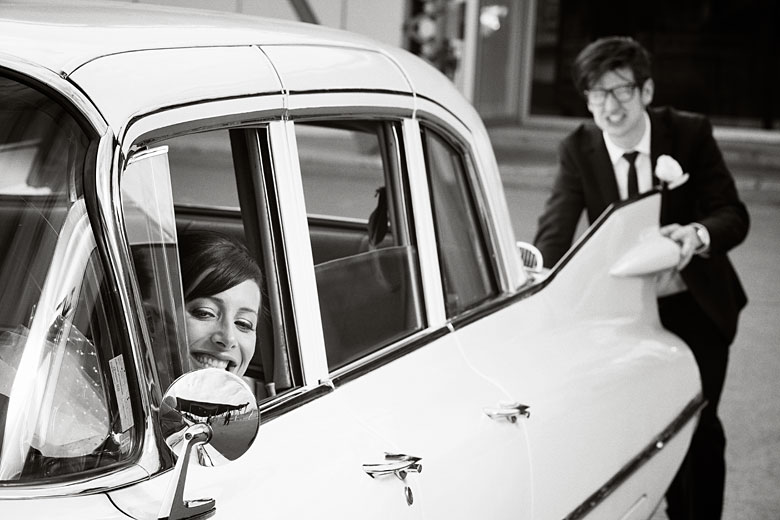 pushing old car, Montreal wedding photography, fun photo
